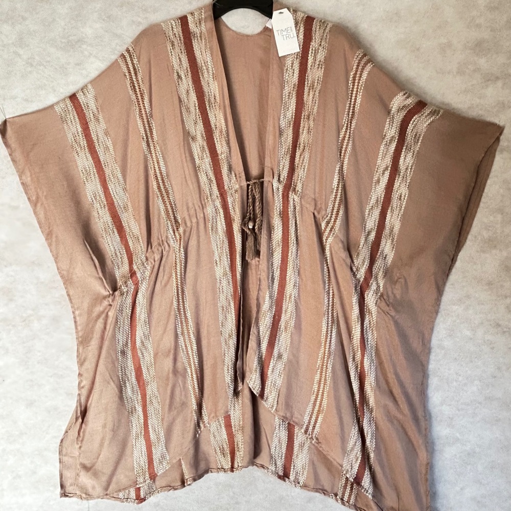 Time and Tru Womens Tan Multi Stripe Layering Kimono One Size TT251143 NEW